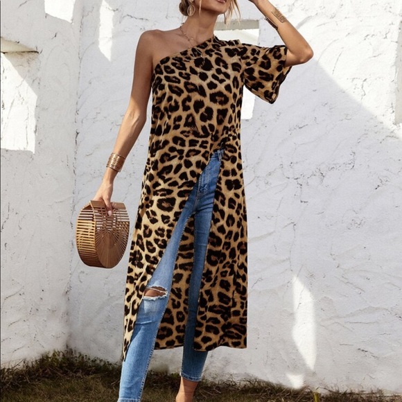 One Shoulder Leopard Print Asymmetrical High Low Tunic Top Blouse Shirt - Picture 5 of 7